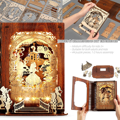 FUNPOLA Alice in Wonderland 3D Wooden Puzzle Night Light | DIY LED Book Lamp