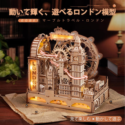 ROBOTIME Marble Run with LED Light – London-Themed 3D Wooden Puzzle, Water Wheel &amp; Gear Marble Roller Coaster DIY Kit