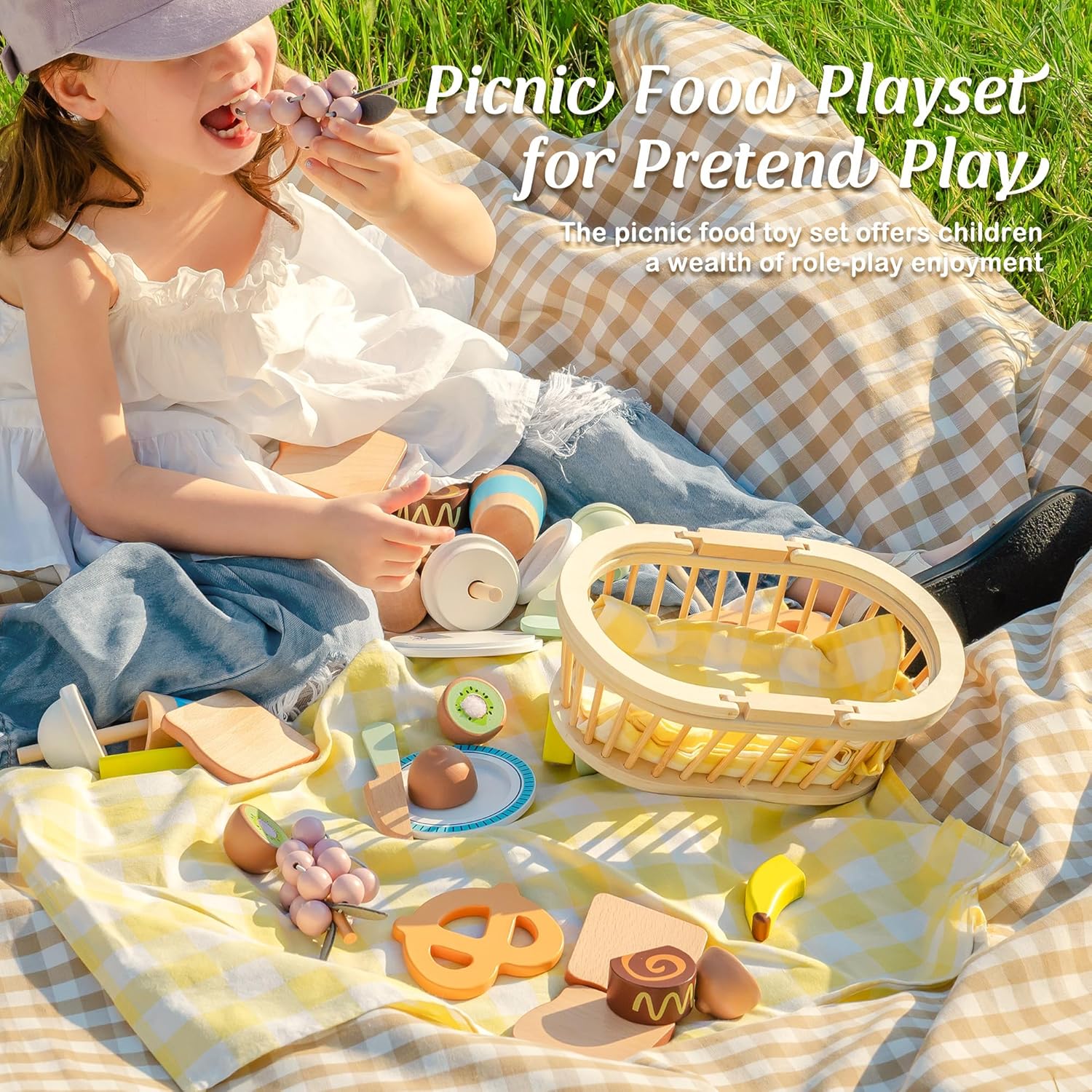 ROBOTIME Wooden Play Food Set with Picnic Basket – Pretend Kitchen Toy with Fruits, Desserts, Drinks &amp; Cookware for Kids Ages 3+