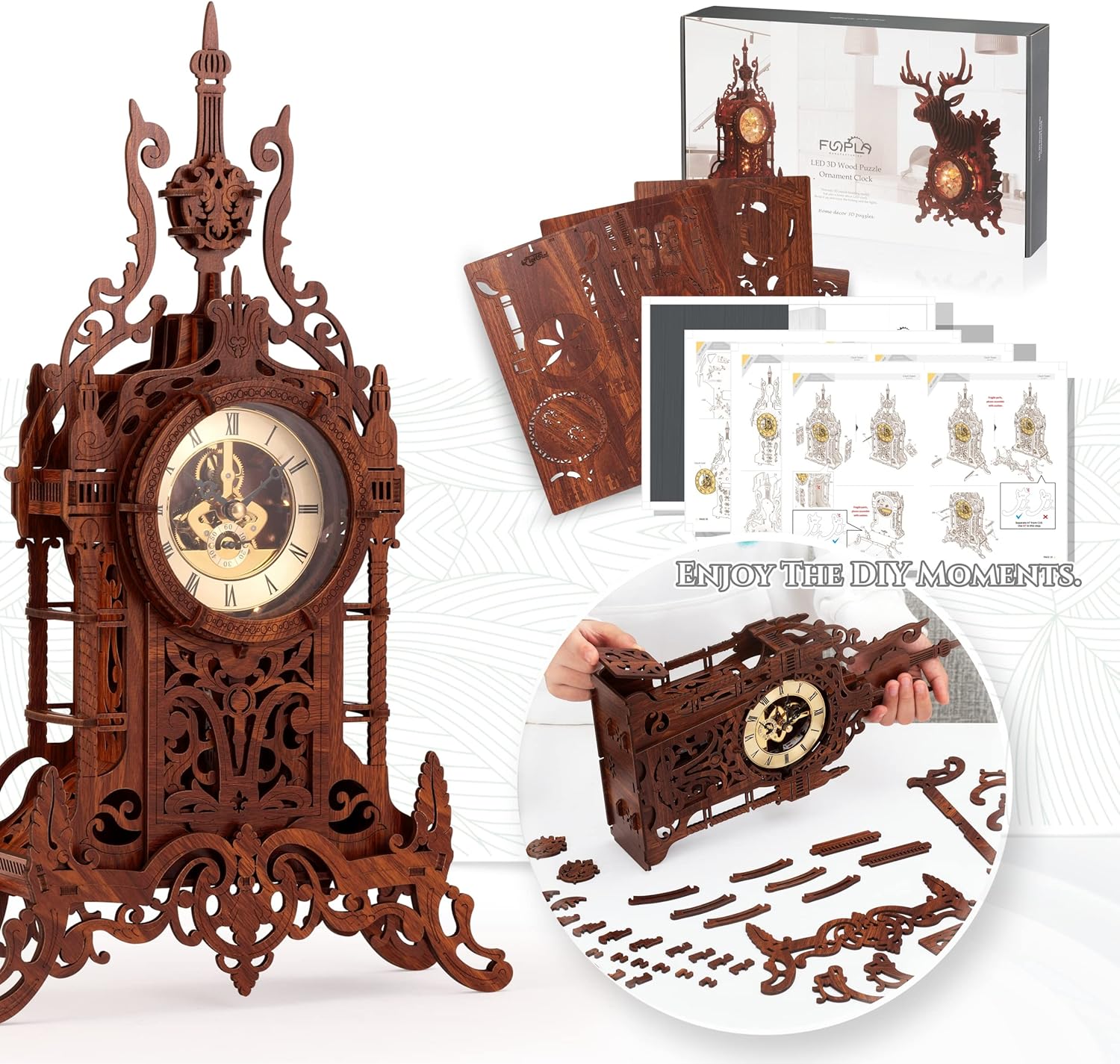 FUNPOLA LED 3D Wooden Puzzle Clock | DIY Handmade Wall Clock with Nordic Design