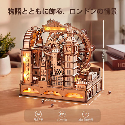 ROBOTIME Marble Run with LED Light – London-Themed 3D Wooden Puzzle, Water Wheel &amp; Gear Marble Roller Coaster DIY Kit