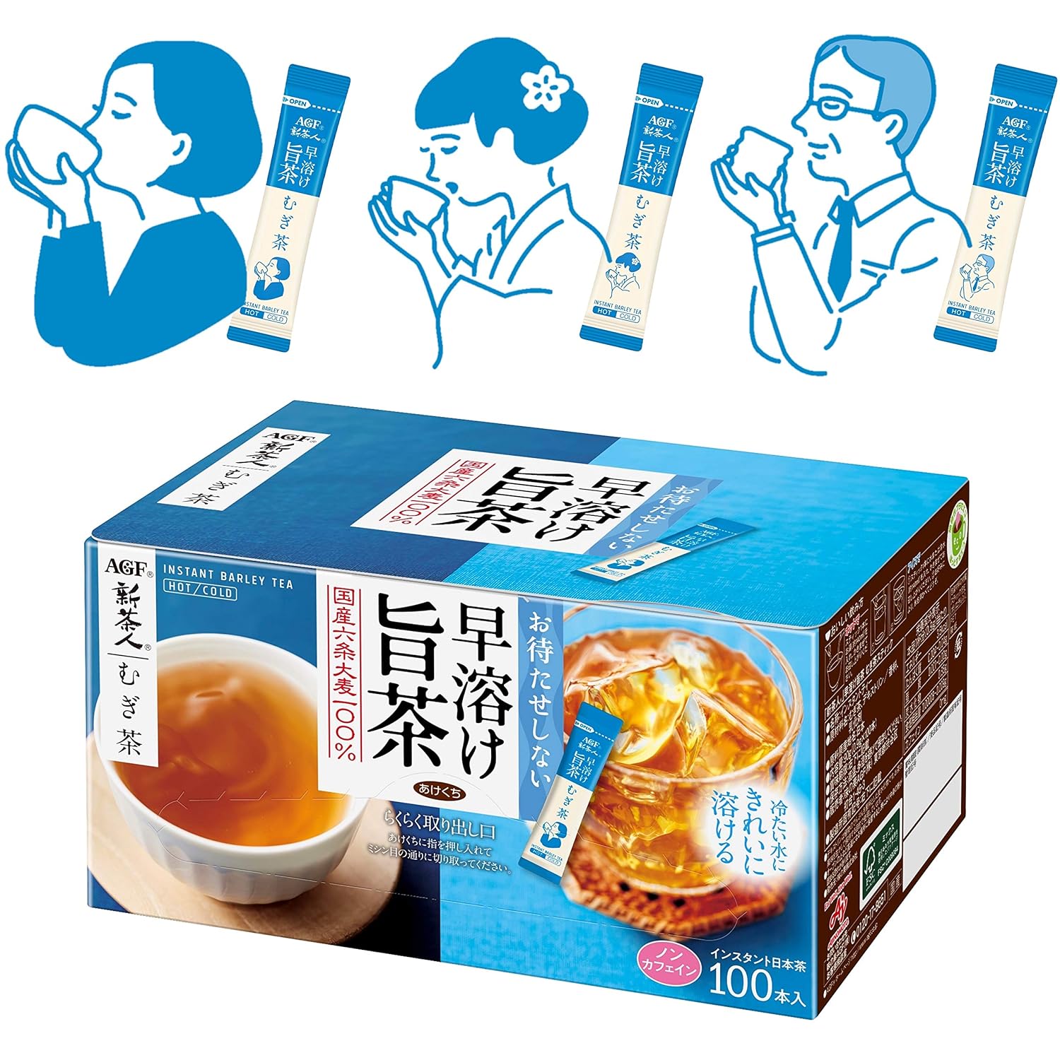AGF New Jin Smooth Mugi Tea Sticks, 100 Pieces [Barley Tea Powder] [No Bags Required] | Made in Japan
