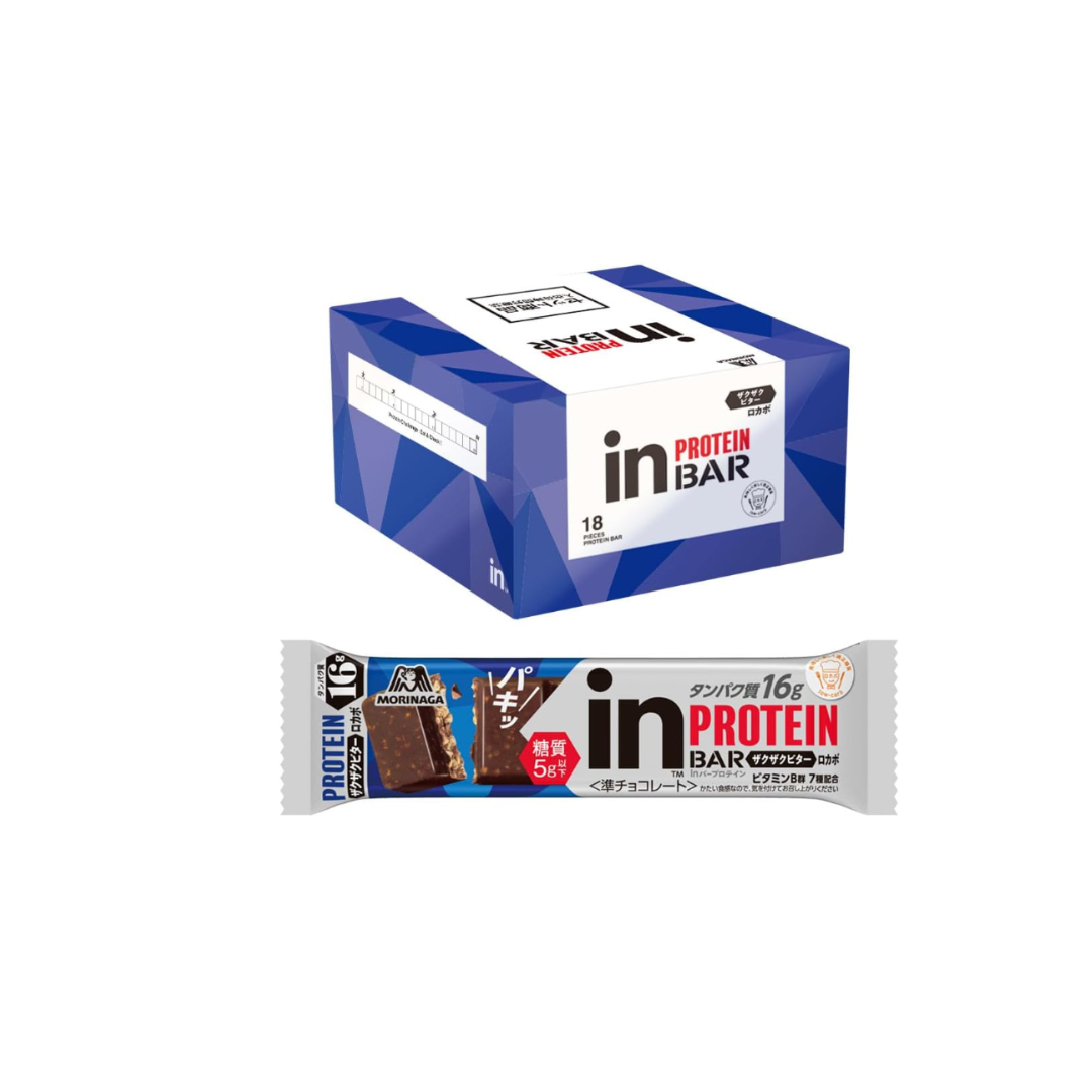 Morinaga In Bar Protein Bitter – Crunchy Chocolate Protein Bar, Low Sweetness, High Protein, 16g × 18 Bars, with 7 Essential B Vitamins