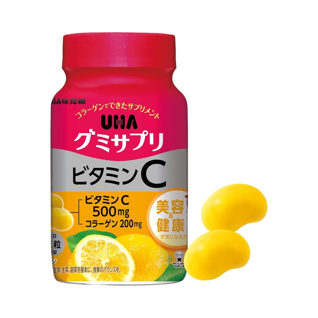 UHA Gummy Supplement, Vitamin C, 30 Day Supply, 60 Capsules, 2 Capsules Per Day, Bottle Type, Lemon Flavor, 2 Capsules Contains 500 mg of Vitamin C