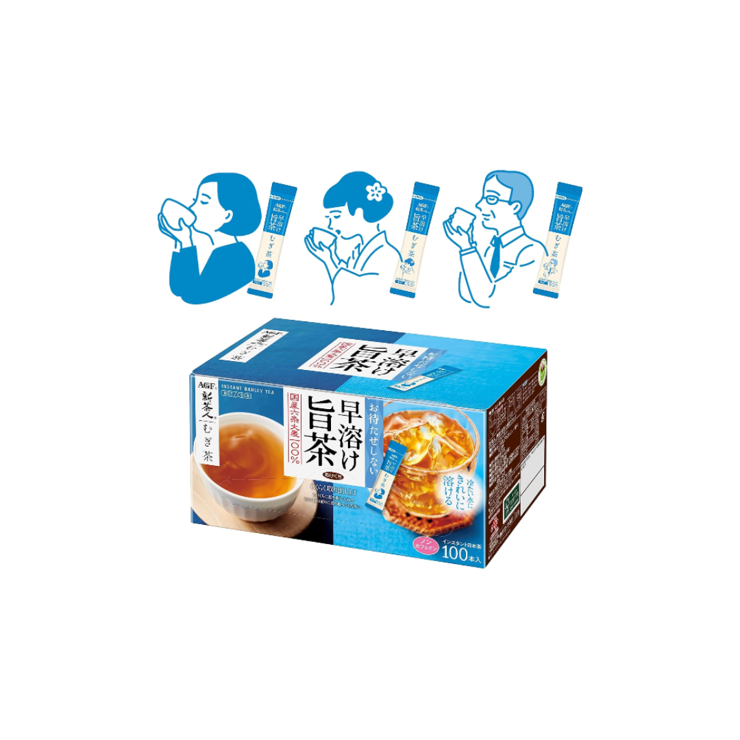 AGF New Jin Smooth Mugi Tea Sticks, 100 Pieces [Barley Tea Powder] [No Bags Required] | Made in Japan