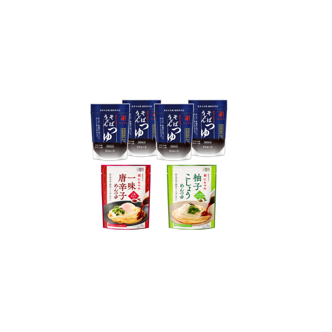1699 Niben Noodle Soup Set – Straight Type, 3 Flavors (Yuzu Pepper, Ichimi Pepper, Soba/Udon Tsuyu), 6-Pack