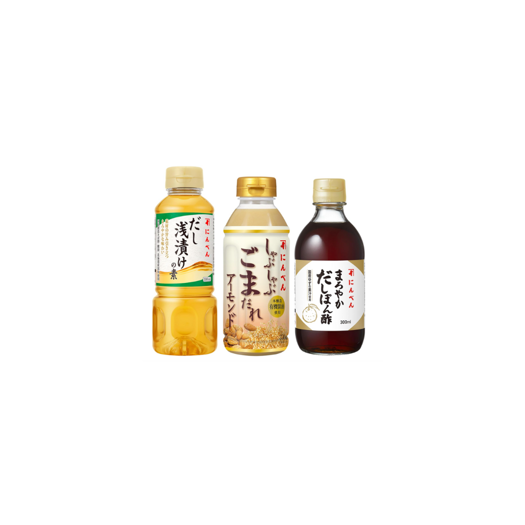 Japanese Seasoning Set – 3 Types: Dashi Shallow Pickles, Mellow Ponzu, Shabu-Shabu Almond Soup (300–320 ml Each)