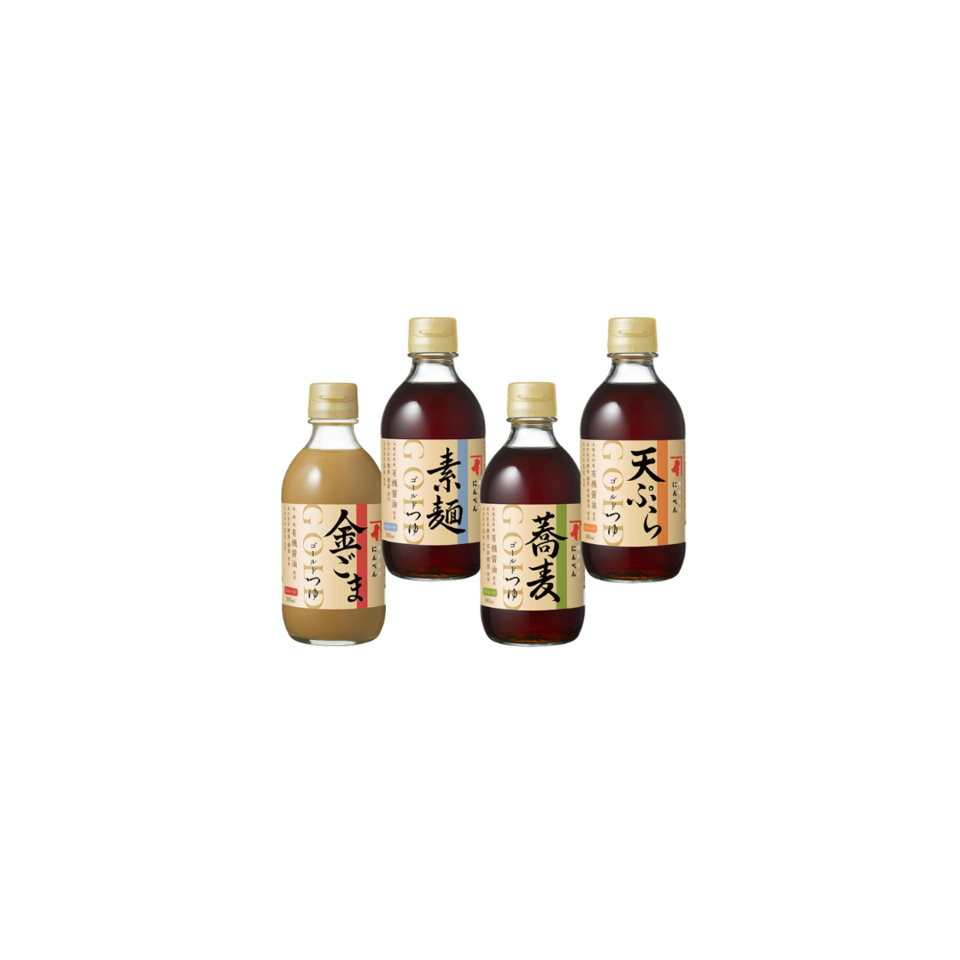 Niben Gold Tsuyu Straight Series – 4 Types Set (Gold Sesame, Somen, Buckwheat Noodle &amp; Tempura), 300 ml Each, Noodle Soup Base