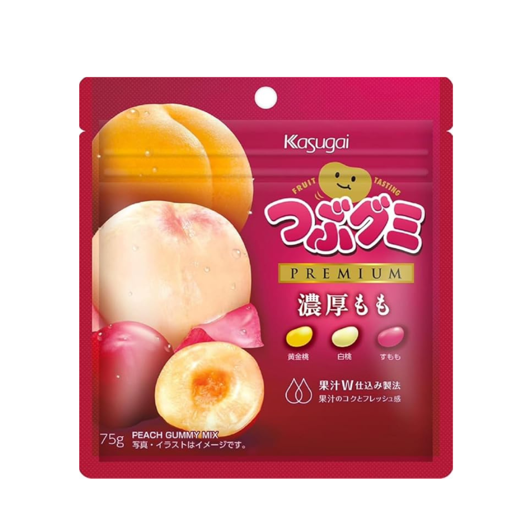 Kasugai Seika Premium Thick Tsubu Gummy Candy Peach Mix (75 g) | Pack of 3 | Made in Japan