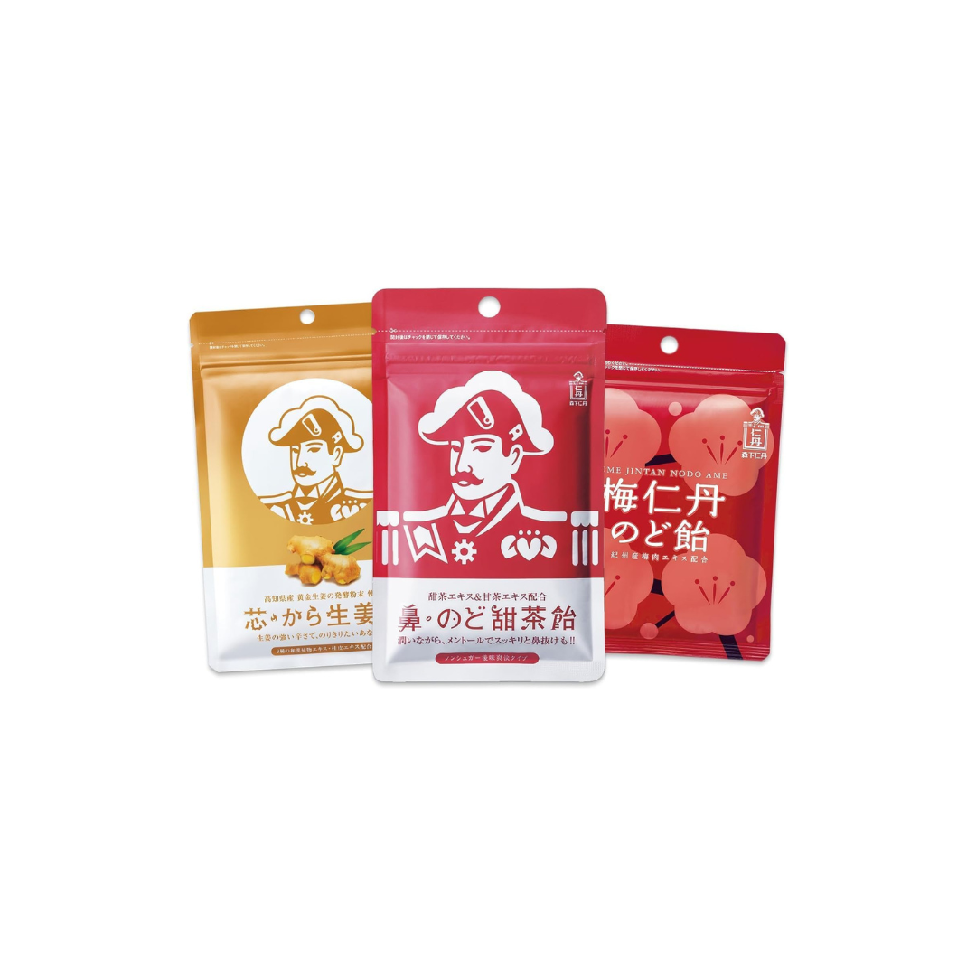 Morishita Jintan Throat &amp; Sugar Candy Trial Set – Menthol, Tencha, Ginger &amp; Plum Flavors for Throat Care (3 Bags)