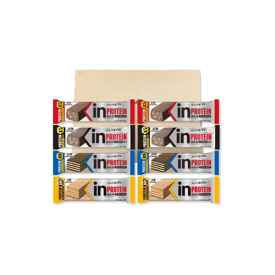 Morinaga In Bar Protein – 4 Types × 8 Bars PSJ Variety Box | Baked Chocolate, Baked Bitter, Wafer Vanilla &amp; Wafer Cafe au Lait | High Protein Snack