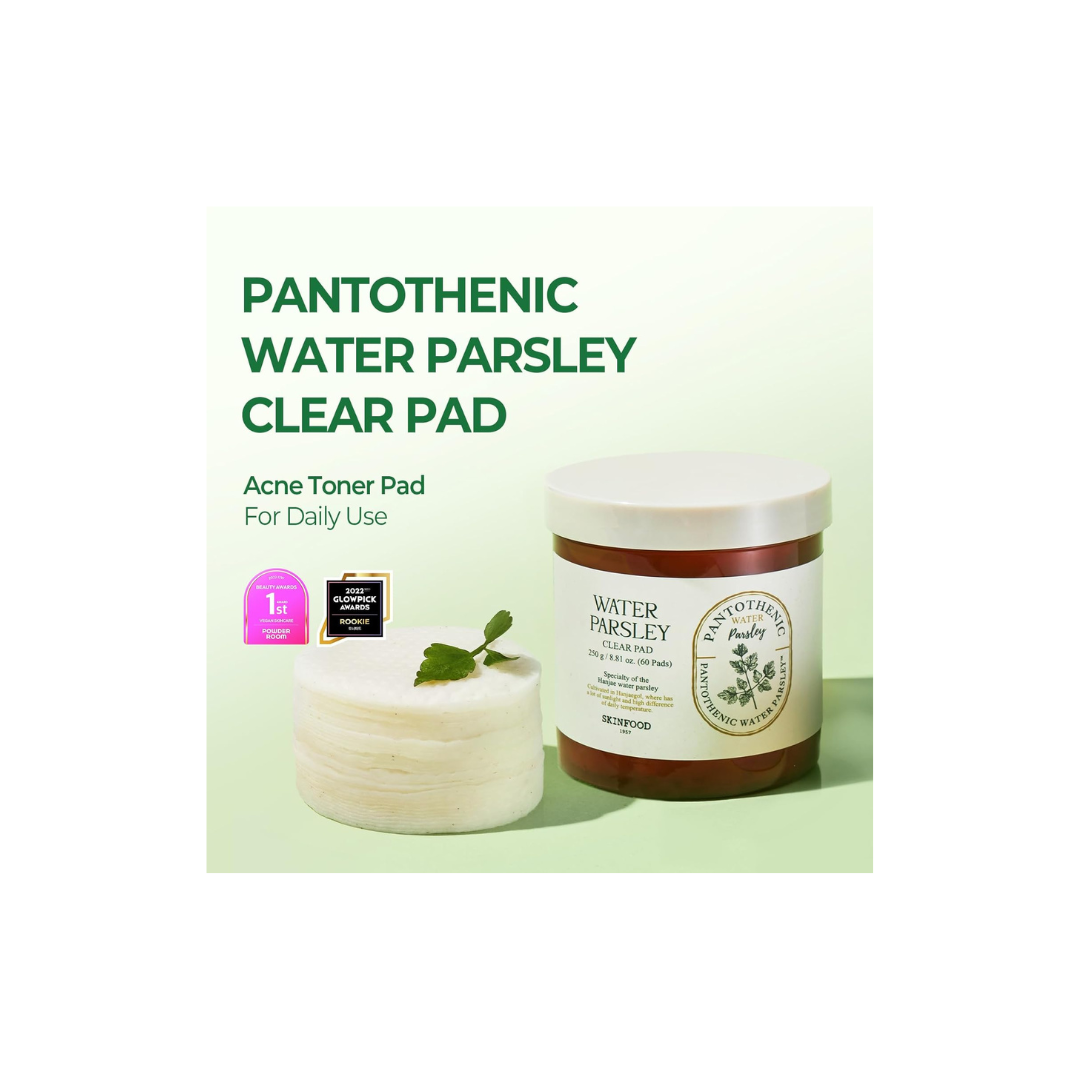 SKINFOOD Water Parsley Clear Toner Pads – Soothing &amp; Refreshing Korean Skincare Pads (250g, 60 Sheets)