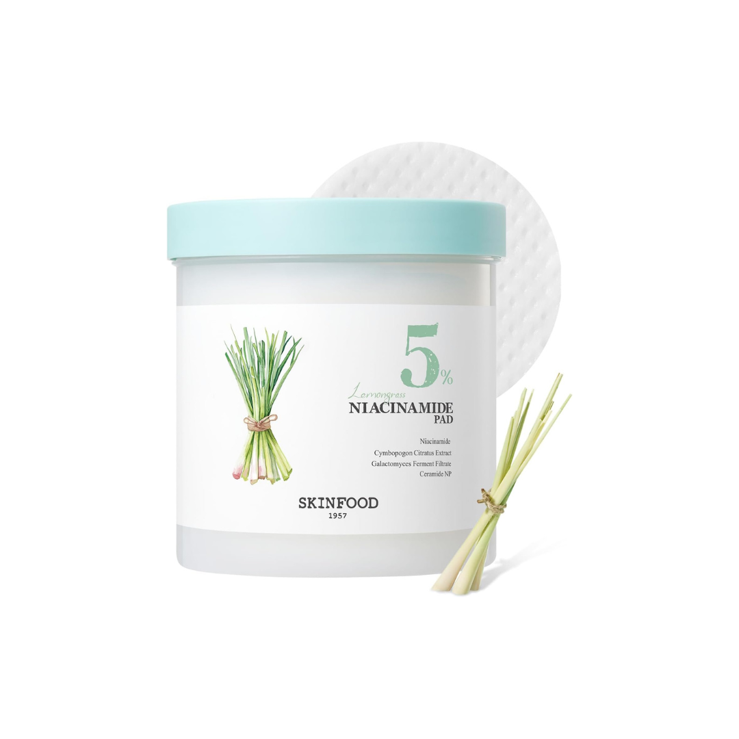 SKINFOOD Lemongrass Niacinamide 5 Toner Pads – Brightening &amp; Sebum Care Korean Skincare (250g, 60 Sheets)