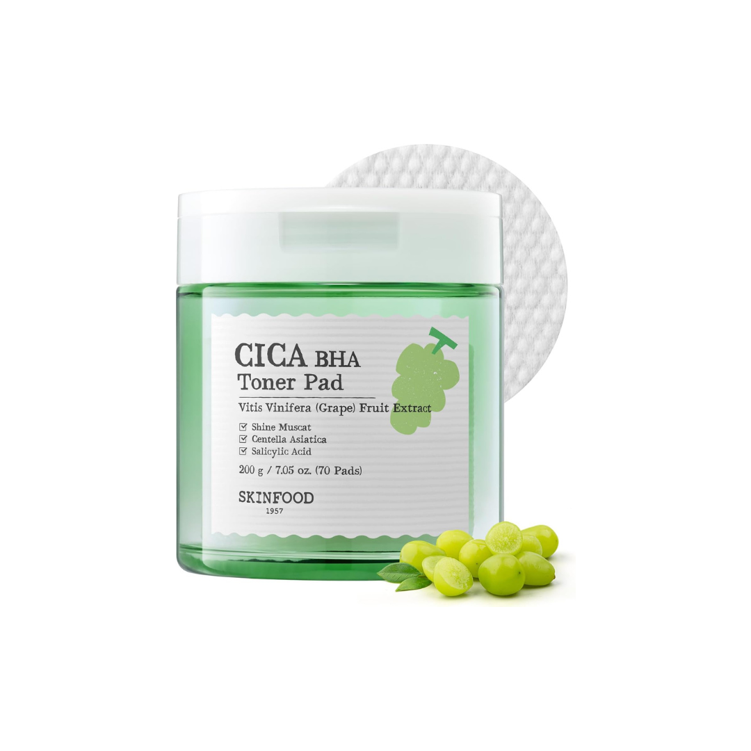 SKINFOOD Shine Muscat CICA BHA Toner Pads – Exfoliating &amp; Soothing Korean Skincare Pads (250g, 70 Sheets)