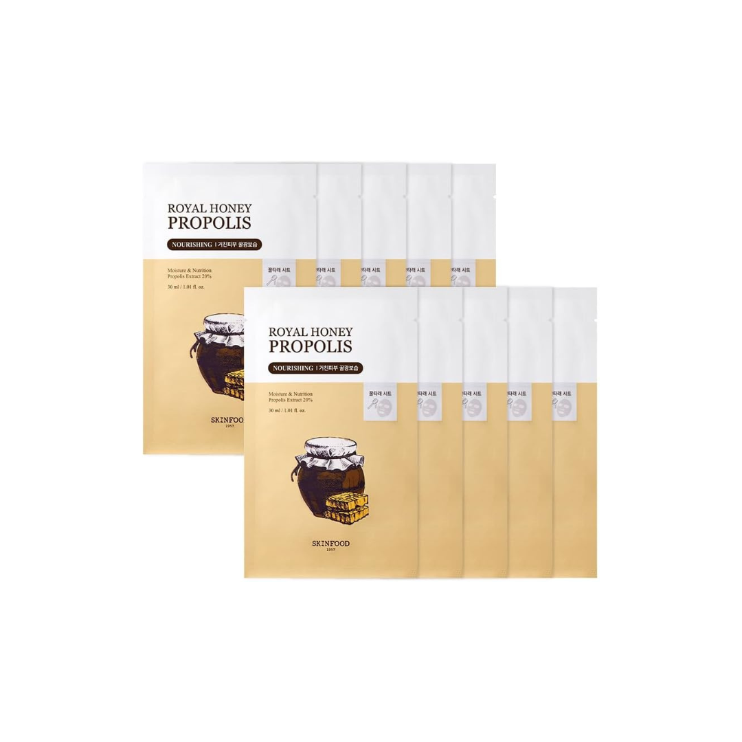 SKINFOOD Royal Honey Propolis Enriched Mask – Nourishing &amp; Hydrating Korean Sheet Mask Set (10 Sheets)