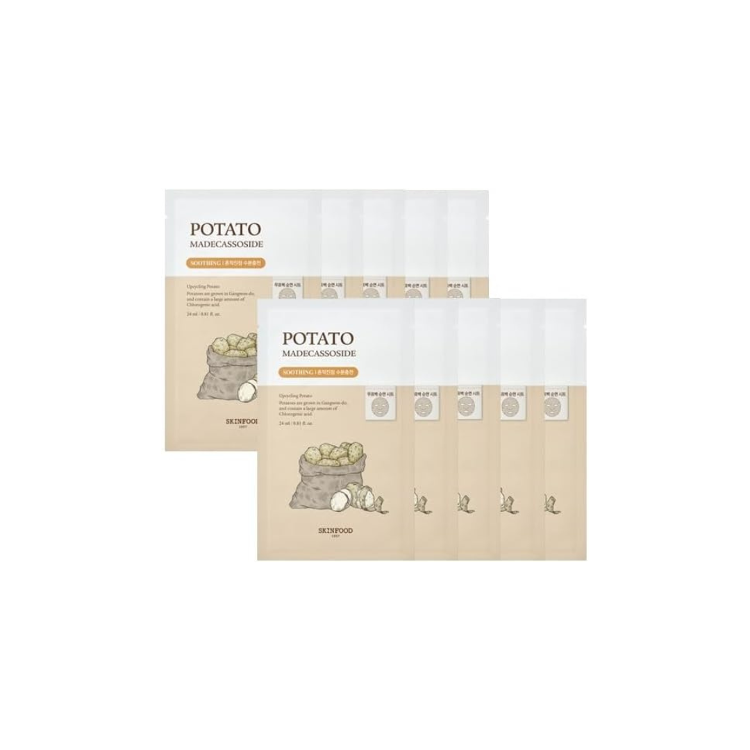 SKINFOOD Potato Madecassoside Mask – Calming &amp; Moisturizing Korean Sheet Mask Set (10 Sheets)