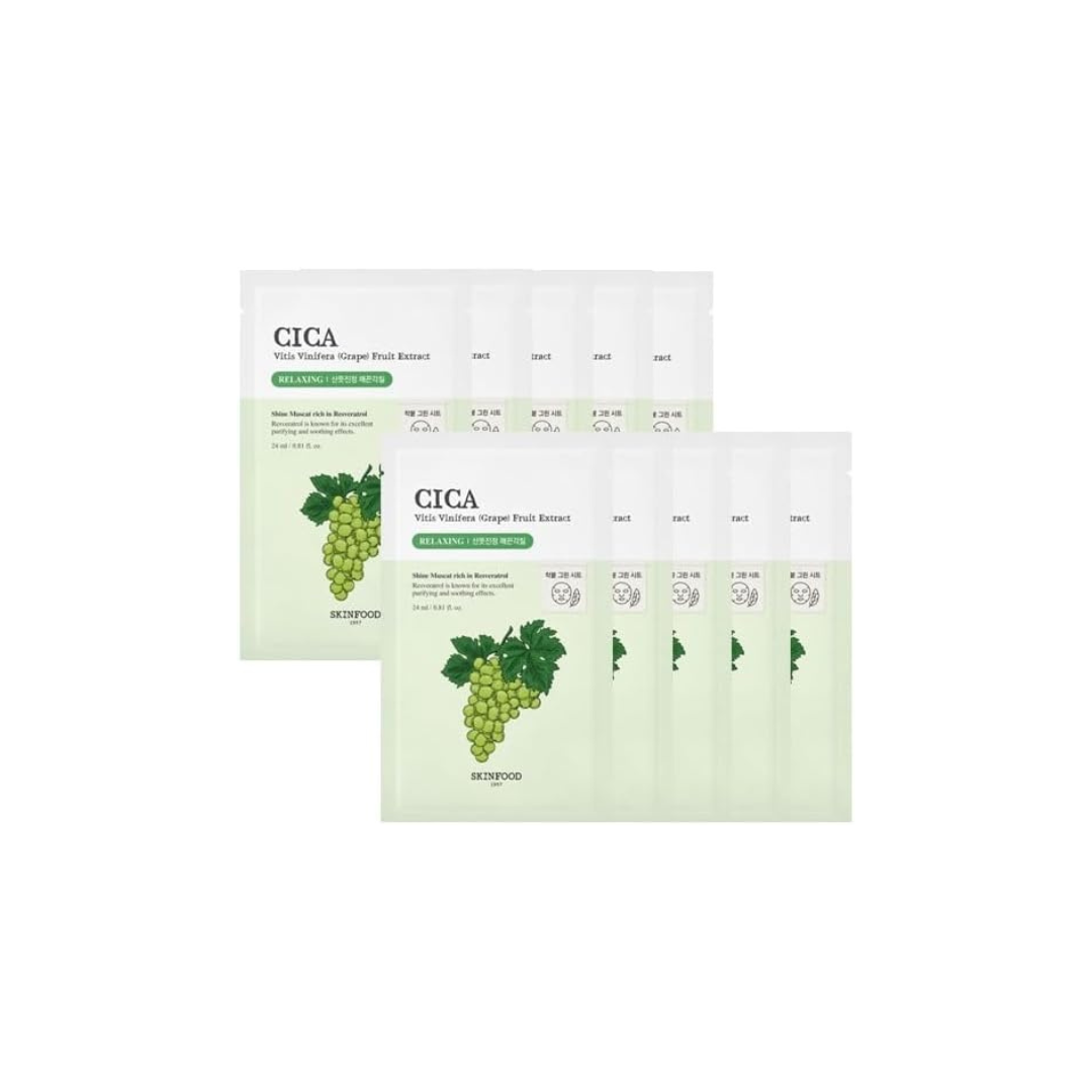 SKINFOOD Shine Muscat CICA Mask – Soothing &amp; Hydrating Korean Sheet Mask Set (10 Sheets)