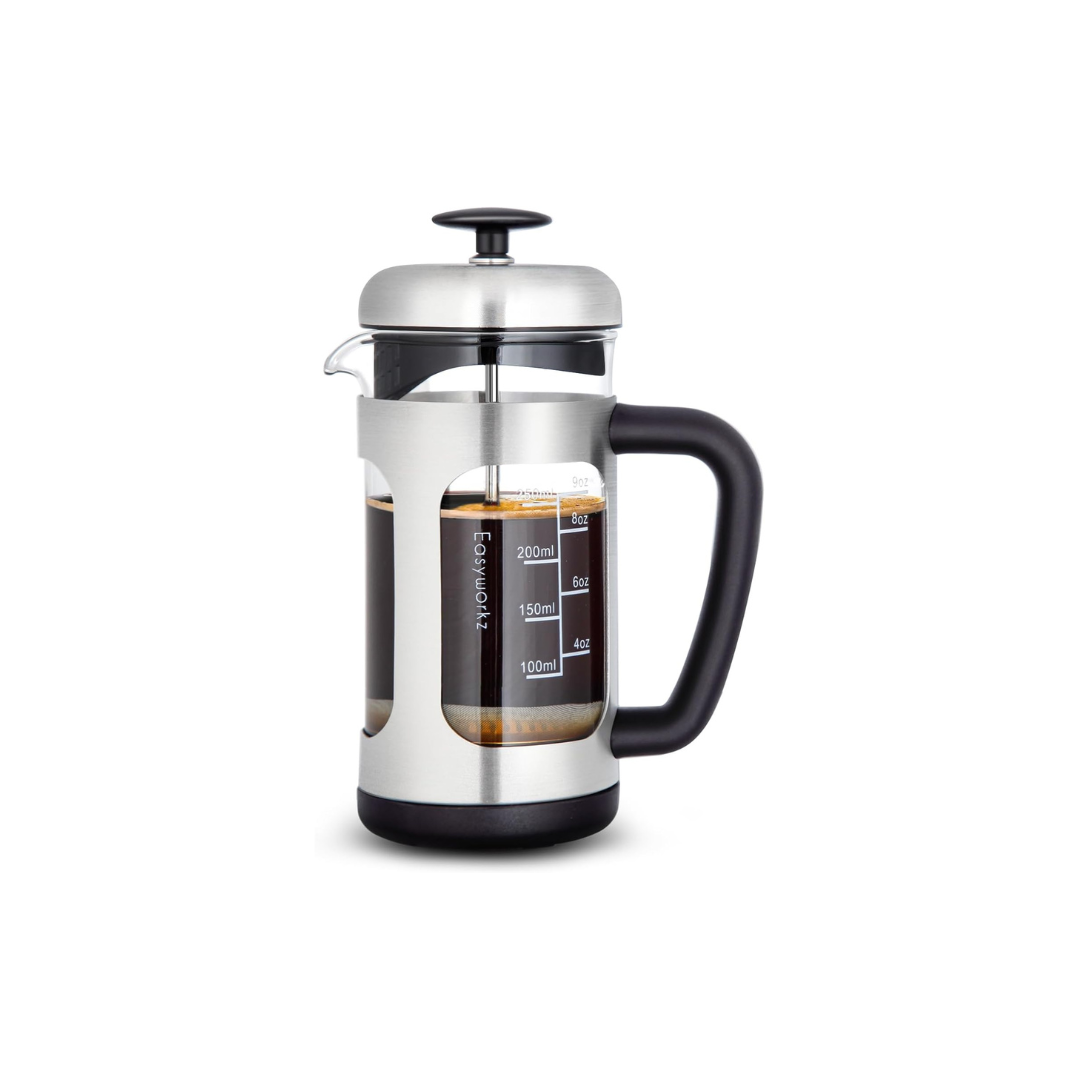 Easyworkz French Press Coffee &amp; Tea Maker – Stainless Steel Frame, Heat-Resistant Glass, Soft Grip Handle, 350ml (3 Cups), Silver