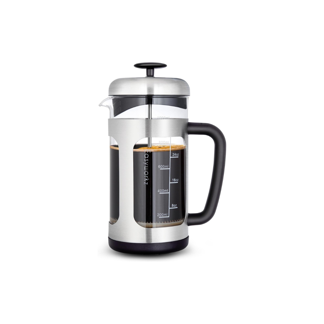 Easyworkz French Press Coffee &amp; Tea Maker – Stainless Steel Frame, Heat-Resistant Glass, Soft Grip Handle, 1000ml (8 Cups), Silver