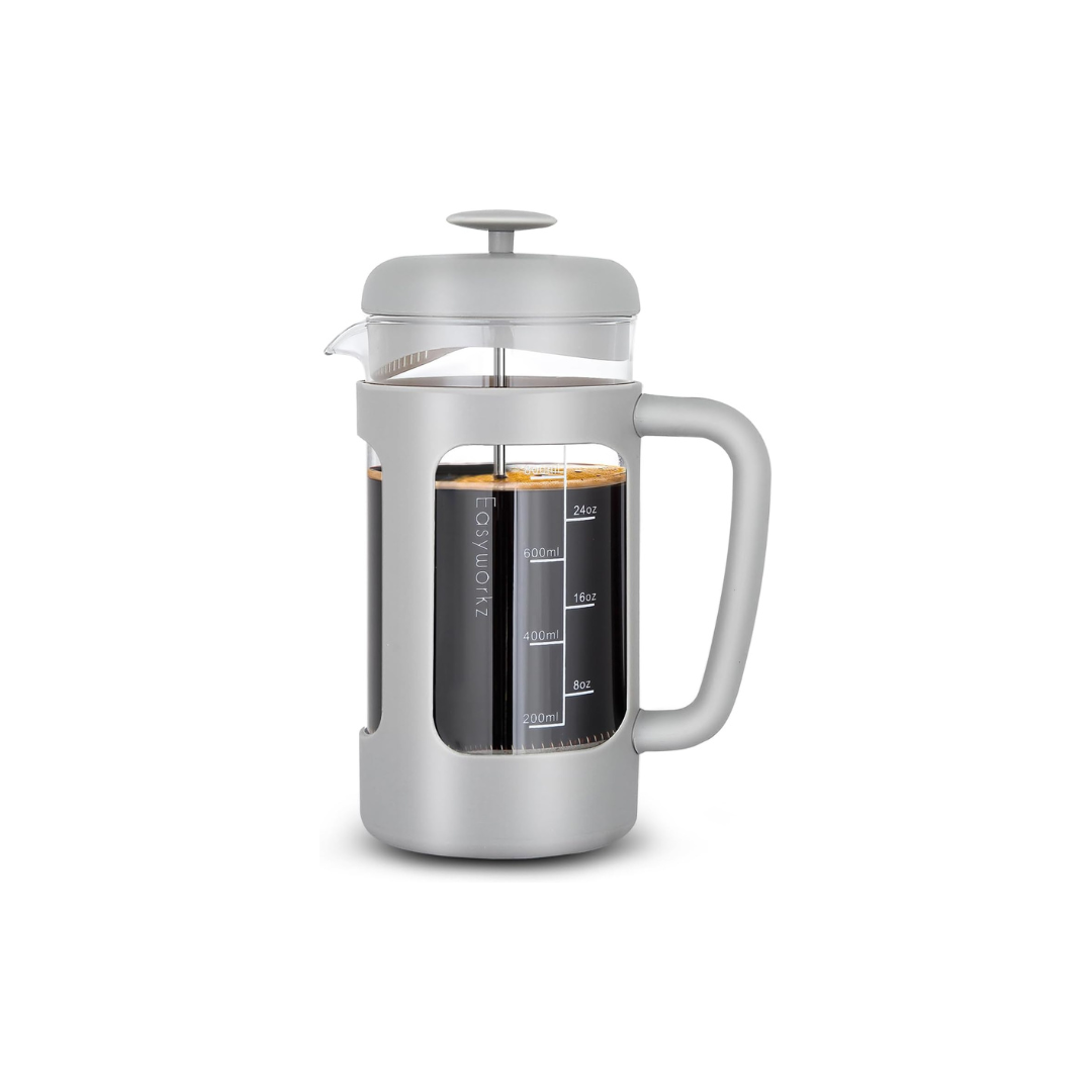 Easyworkz French Press Coffee &amp; Tea Maker – Heat-Resistant Glass, Soft Grip Handle, 1000ml (8 Cups), Light Grey