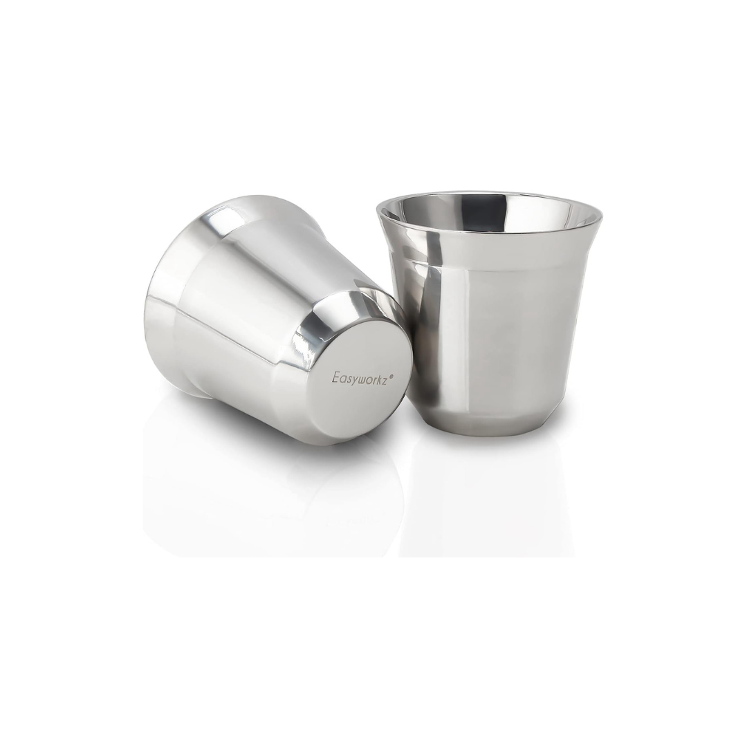 Easyworkz Stainless Steel Espresso Cups – Double Wall Insulated Demitasse Set of 2, 150ml, Chrome
