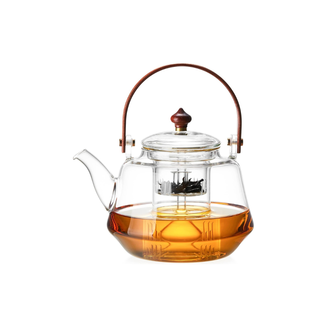 Pocarati Morning Glory Borosilicate Glass Teapot 1250ml – Heat Resistant, Direct Flame Safe with Wooden Handle &amp; Dual Tea Strainers