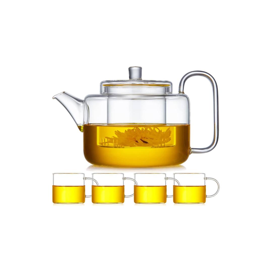 1050ml Glass Teapot Set with 4 Cups – Borosilicate Tea Maker with Removable Infuser, Stove Safe