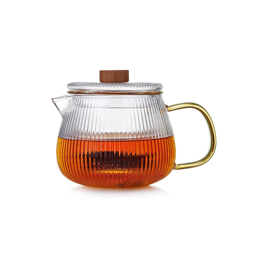 Pocarati Melon Glass Teapot 570ml – Heat-Resistant, Microwave Safe with Strainer &amp; Wooden Knob