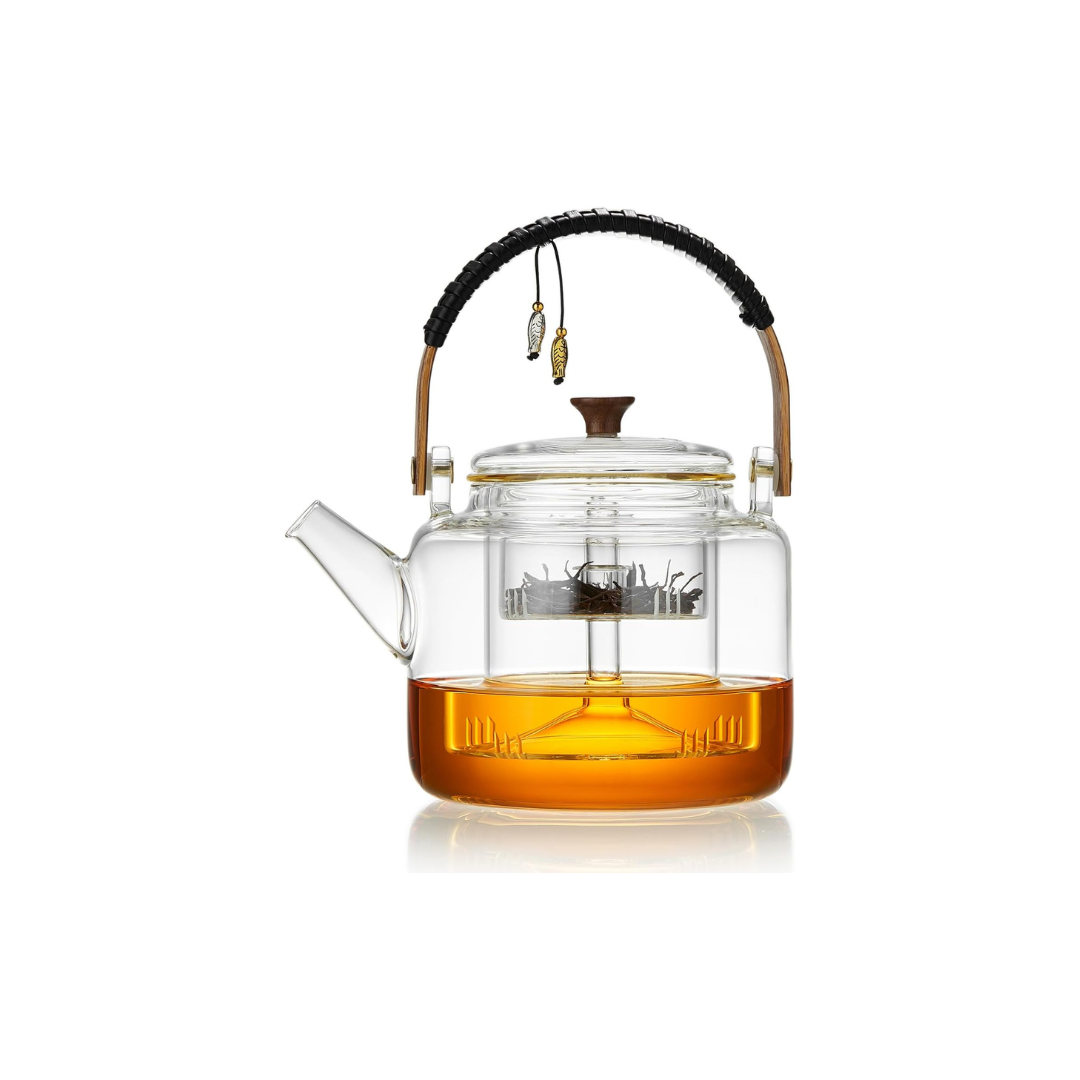 Pisces Glass Teapot 1090ml – Heat-Resistant Direct Fire Tea Kettle with Glass Strainer &amp; Bamboo Handle