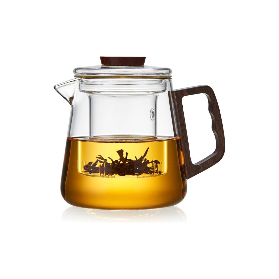 Handmade Heat-Resistant Glass Teapot 650ml – Direct Fire Safe with Wooden Handle &amp; Tea Infuser