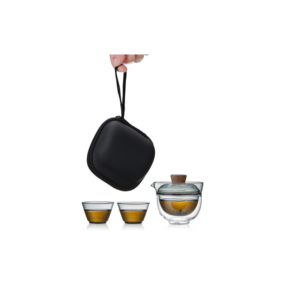 Pocarati Travel Tea Set – Portable Heat-Resistant Glass Teapot with 2 Cups &amp; Protective Case