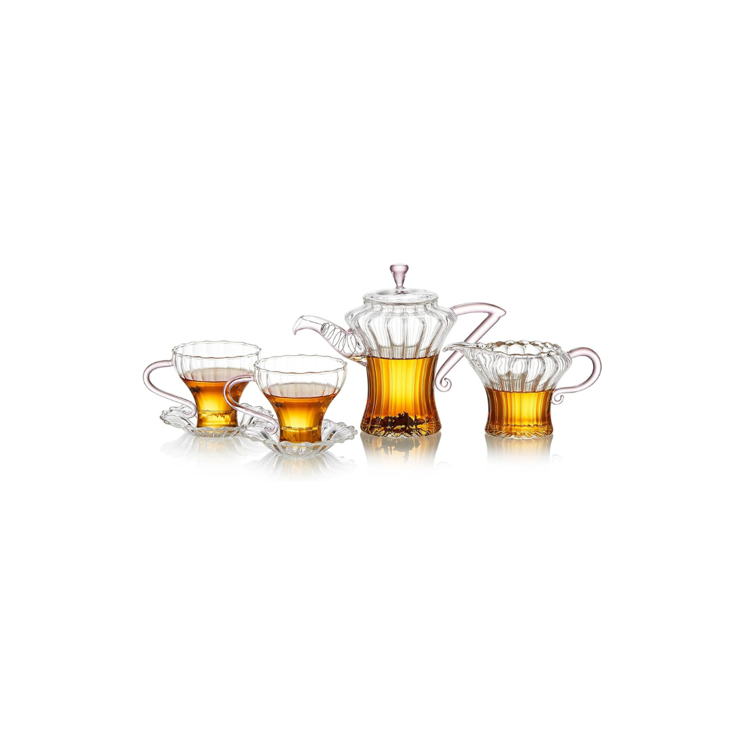 Pocaroty Pink Princess Tea Set 340ml – Handmade Glass Teapot with Cups &amp; Saucers for 2