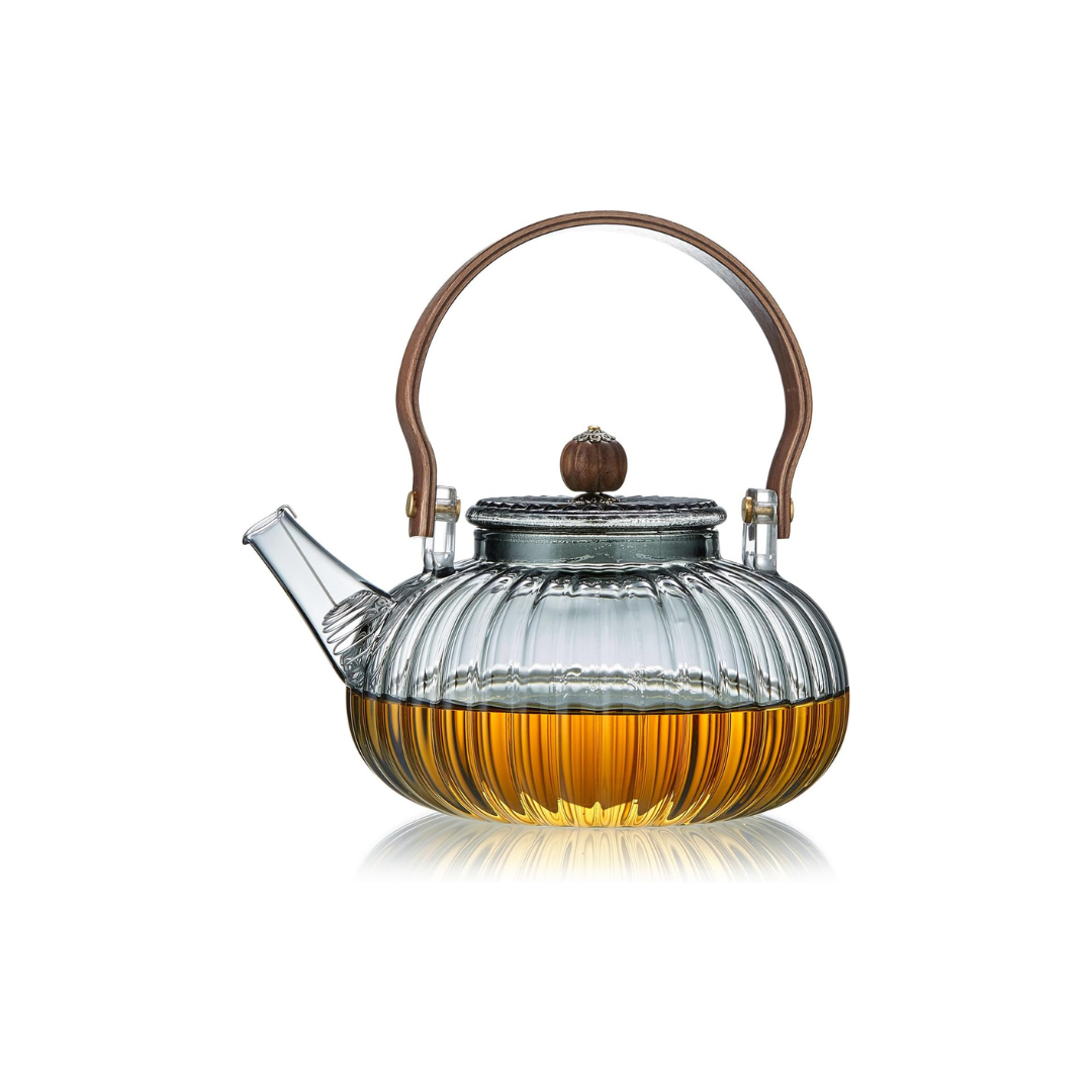 Heat-Resistant Glass Teapot 920ml – Pumpkin Design with Wooden Handle &amp; Tea Strainer