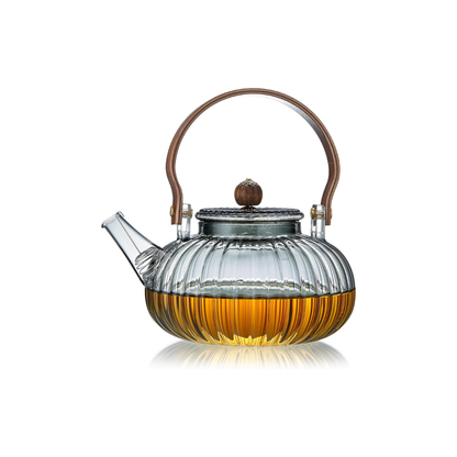 Heat-Resistant Glass Teapot 920ml – Pumpkin Design with Wooden Handle &amp; Tea Strainer