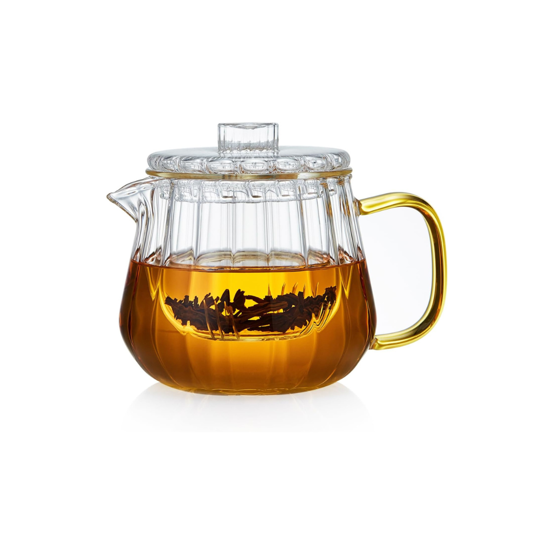 Melon Heat-Resistant Glass Teapot 600ml – Microwave Safe with Tea Strainer, Lid &amp; Wooden Knob