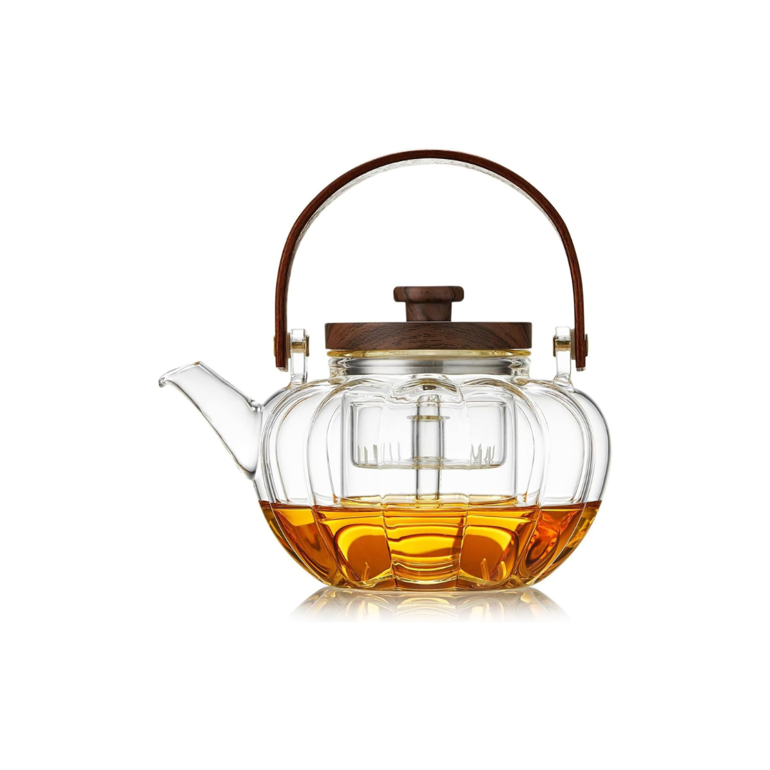 Heat-Resistant Glass Pumpkin Teapot 940ml – Vertical Stripe Design with Tea Strainer &amp; Wooden Handle