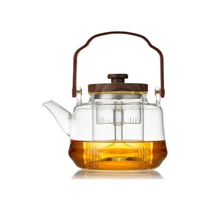 Pocarati Heat-Resistant Glass Teapot 1090ml – Wooden Handle, Tea Strainer, Direct Flame Safe
