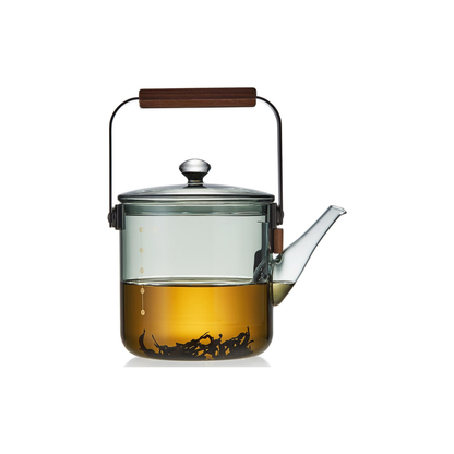 Heat-Resistant Glass Teapot 1100ml – Ink Design, Wooden Handle, Direct Fire Safe, Stylish Craft Tea Kettle