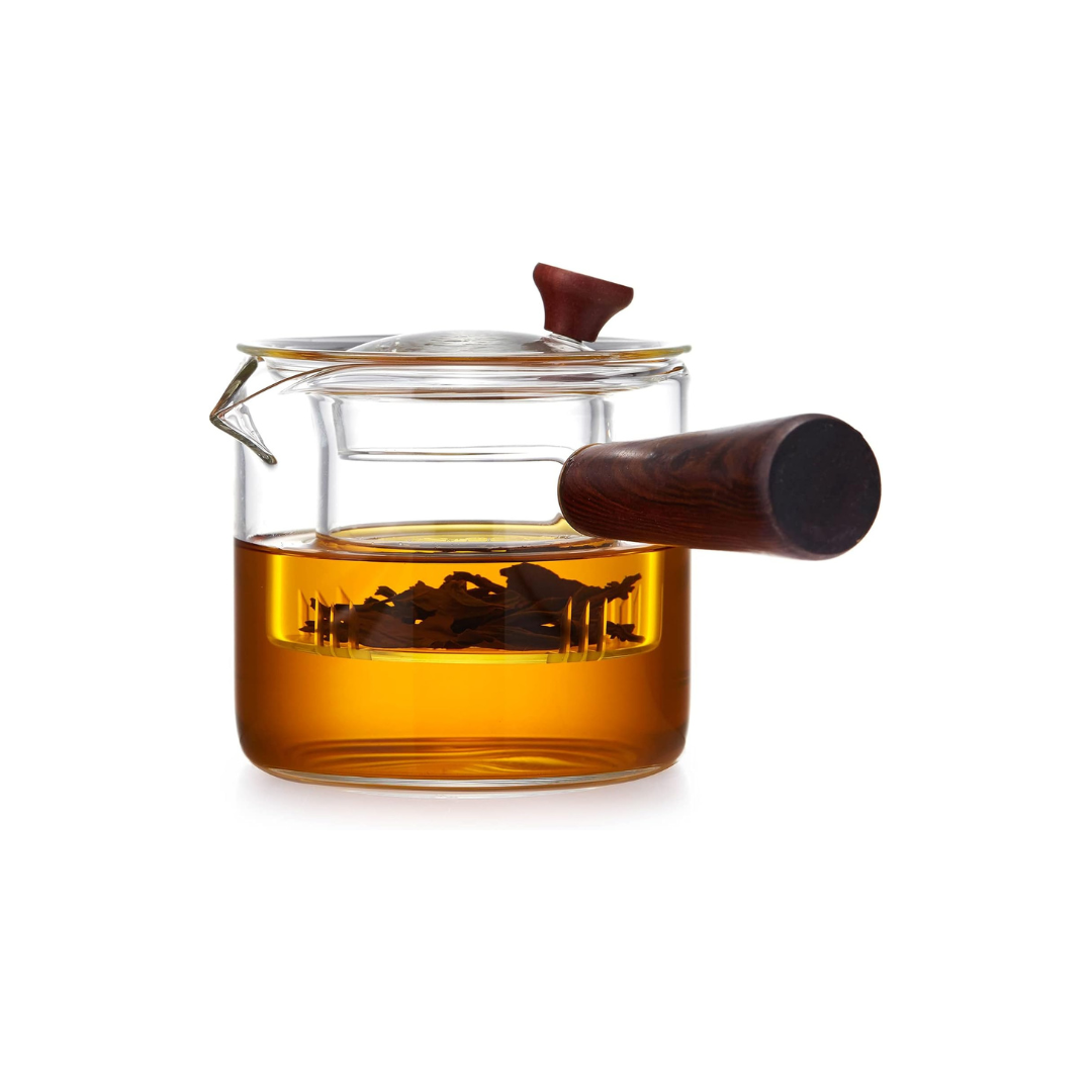 Pocarati Heat-Resistant Glass Teapot 500ml – Side Wooden Handle, Direct Flame Safe, with Glass Tea Strainer