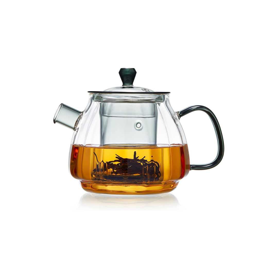 Heat-Resistant Glass Teapot 660ml – Clear Design with Navy Back Handle, Glass Infuser &amp; Lid