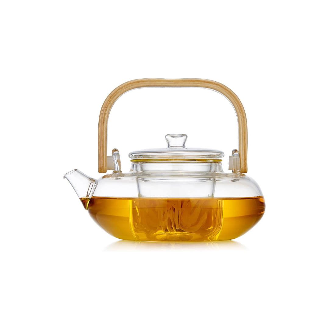 Heat-Resistant Glass Teapot 800ml – Bamboo Handle, Flat Design, Direct Fire Safe
