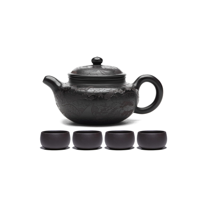 Pokaloti Handmade Purple Clay Teapot Set – Dragon Crest Design with 4 Tea Bowls
