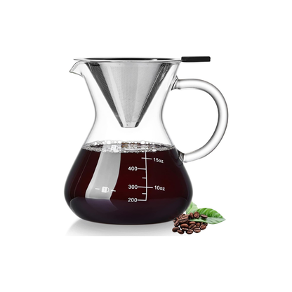 Pokarotee Drip Coffee Server – 500ml Glass Carafe with Reusable Stainless Steel Filter