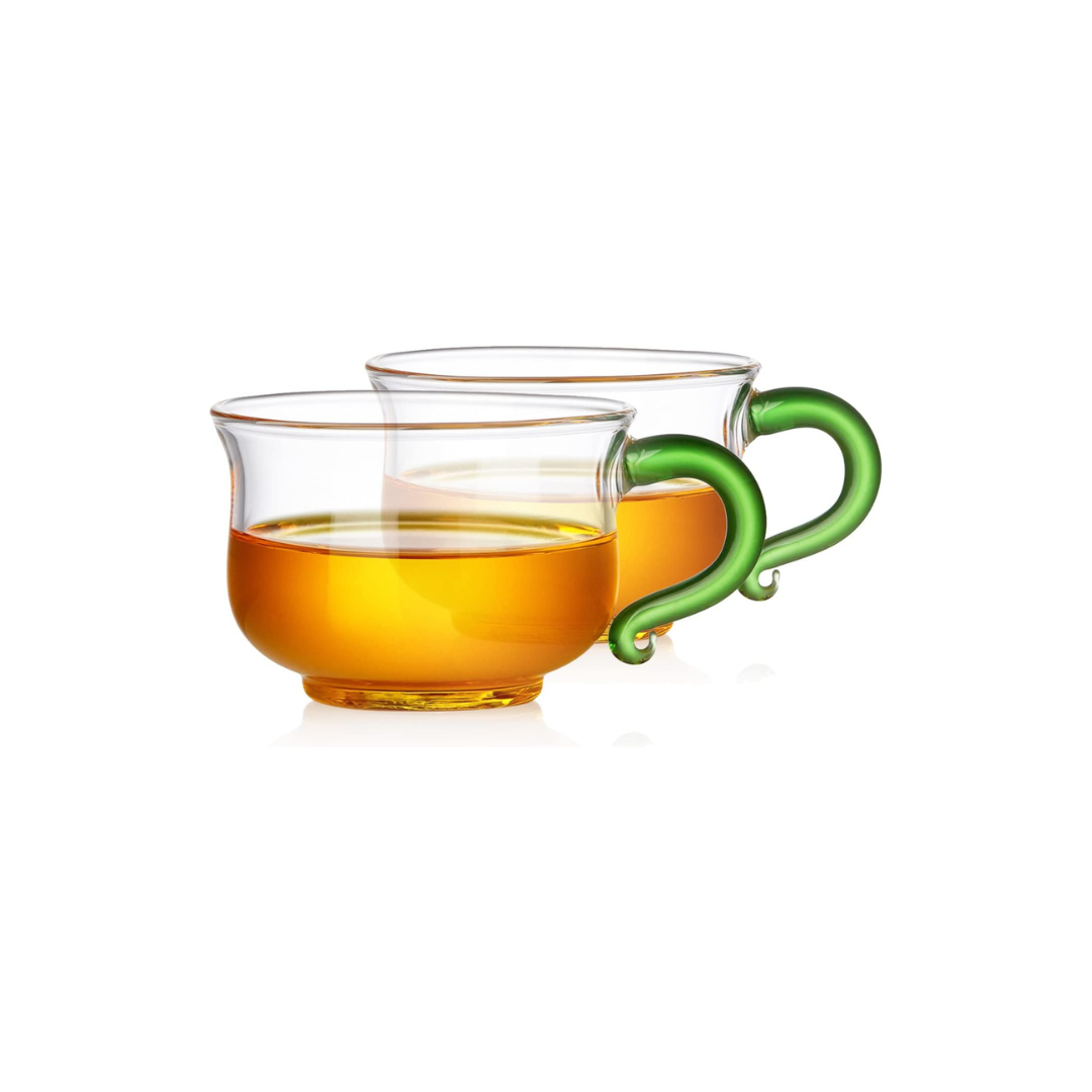 Pocaroty Heat-Resistant Glass Cups – 130ml Set of 2 with Green Handles