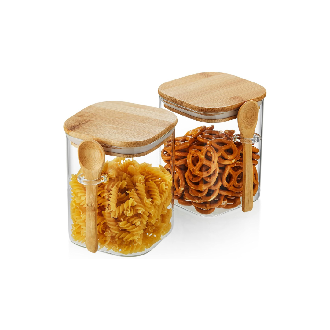 Airtight Glass Storage Canisters – 900ml Set of 2 with Bamboo Lids &amp; Spoons