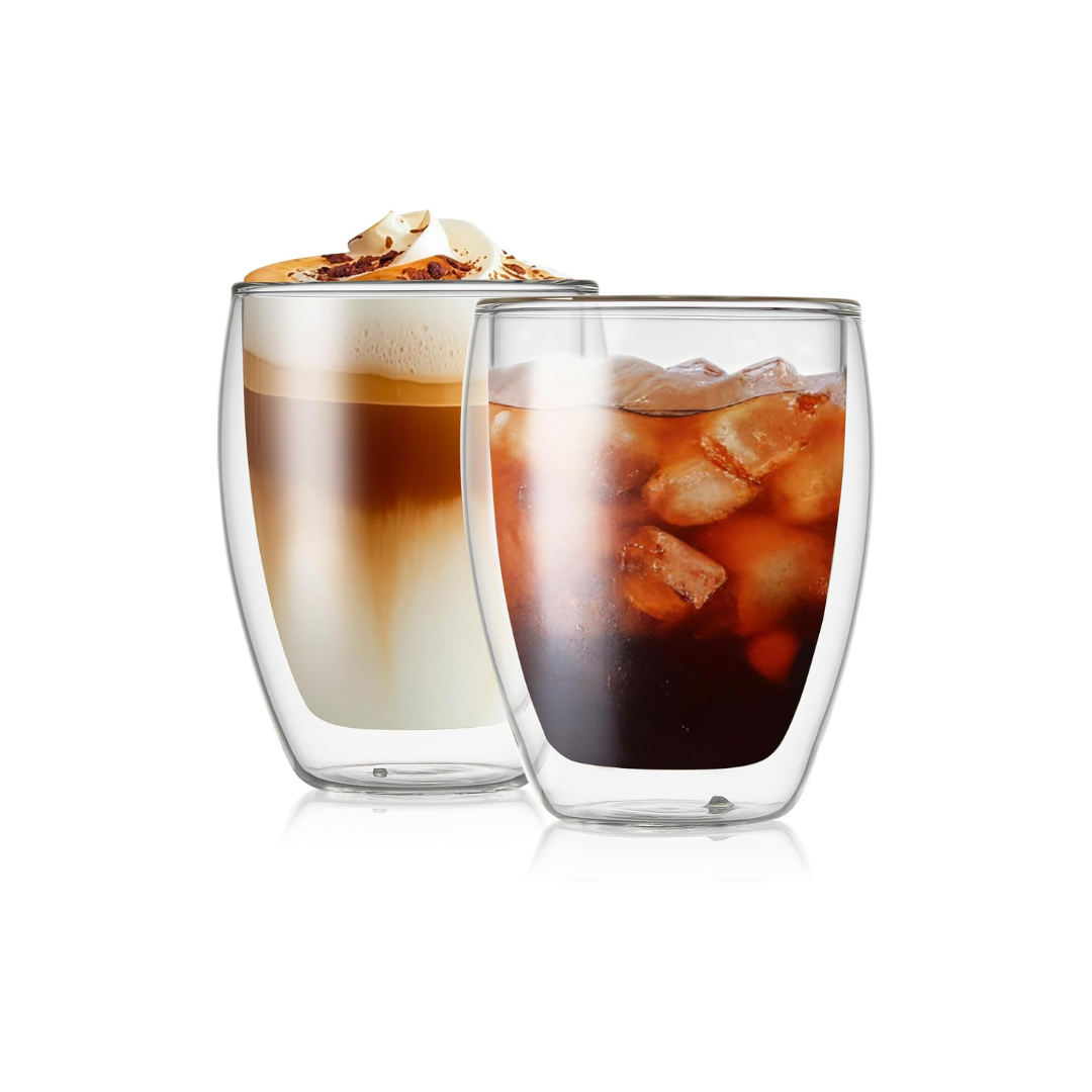 Pocarati Double Wall Glass Cups – 400ml Set of 2 Insulated Heat-Resistant Tumblers