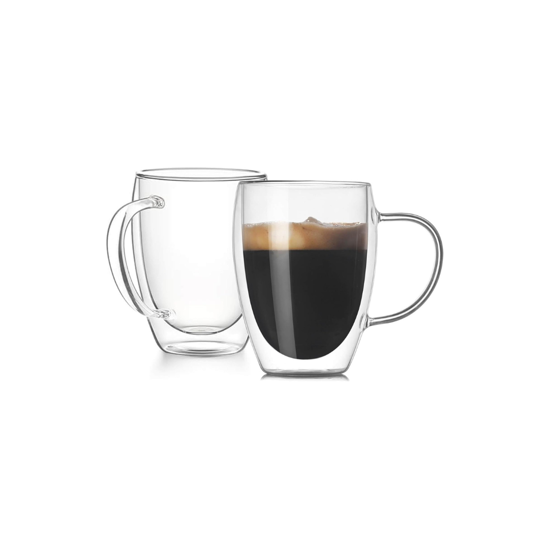 Pokaloti Double Wall Glass Cups with Handles – 330ml Set of 2 Heat-Resistant Mugs