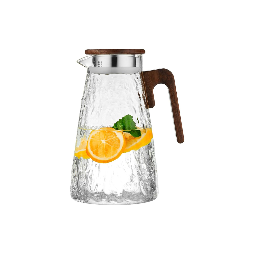 Pocalotea Heat-Resistant Glass Tea Pitcher – 1750ml Large Capacity Carafe with Wooden Handle
