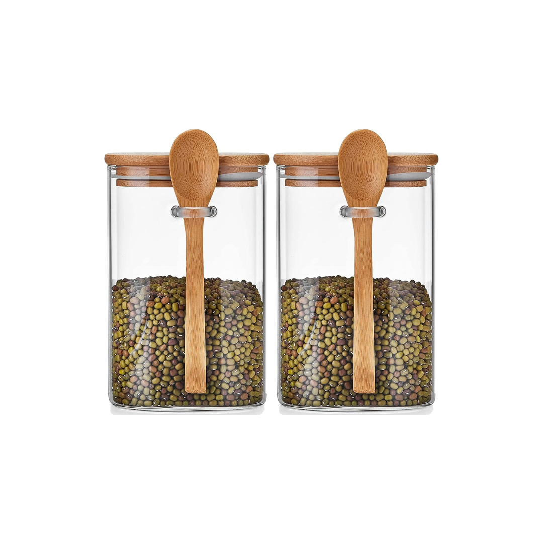 Glass Storage Canisters – 1150ml Set of 2 with Airtight Bamboo Lids &amp; Spoons