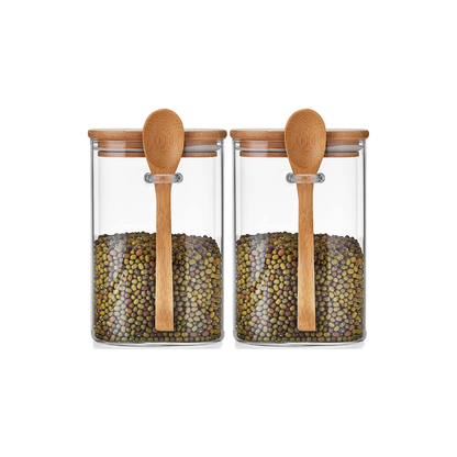 Glass Storage Canisters – 1150ml Set of 2 with Airtight Bamboo Lids &amp; Spoons